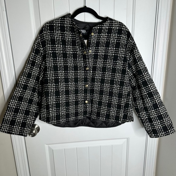Zara‎ black plaid textured weave boxy jacket size small blogger preppy - Picture 2 of 9